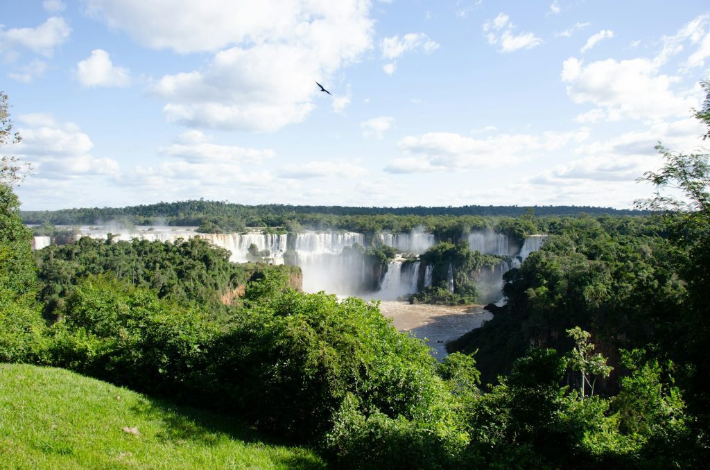 Foz do Iguaçu. Montanhas e muitas quedas de agua com passaro voando