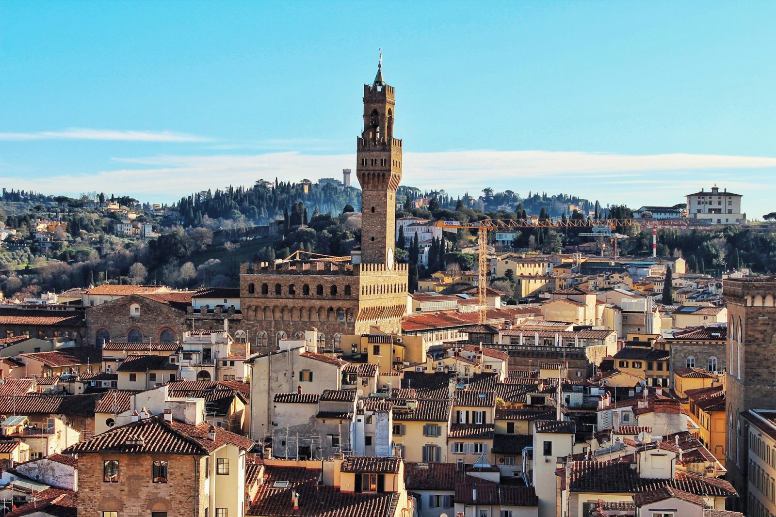 Florença. Foto de vista aerea com telhados e edificio grande com torre alta no meio.