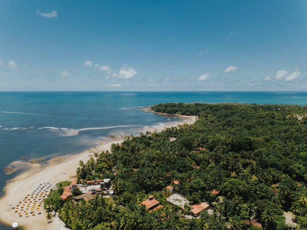 Boipeba. foto aerea de uma praia e grande area de vegetação verde