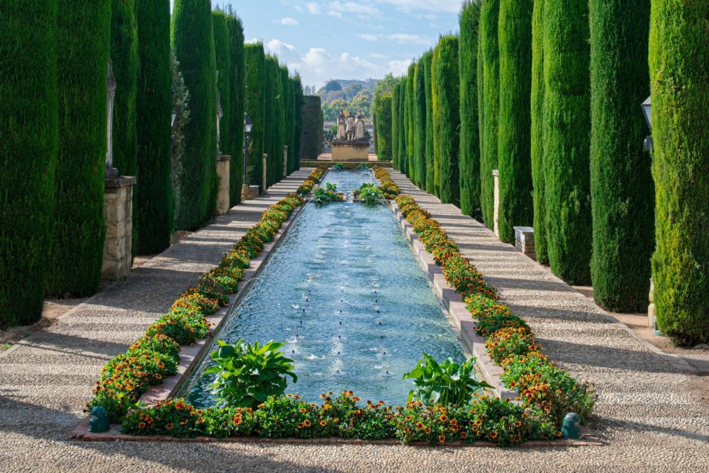 córdoba. foto de uma piscina com arvores verdes altas ao lado e céu azul.